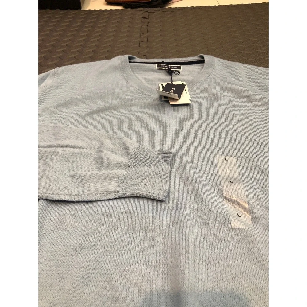 Club Room Sweater Mens Large Blue Merino Wool Blend V-Neck Pullover 100099700MN